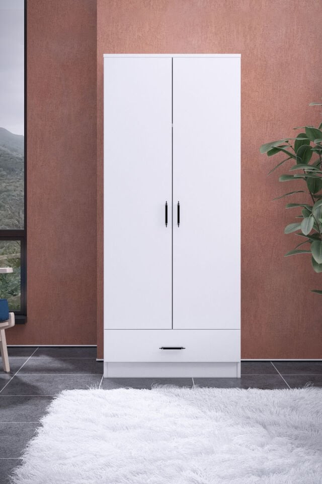 Gubimo77 – 2 Kapılı Gardırop 1 Çekmeceli Askılı Elbise Dolabı Beyaz