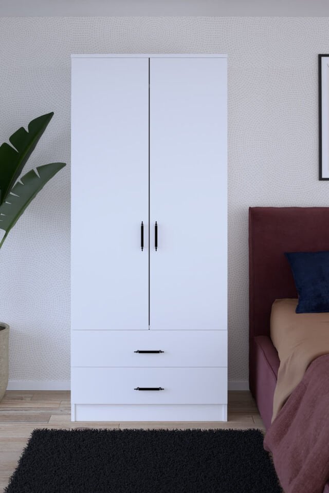Gubimo80 – 2 Kapılı Gardırop 2 Çekmeceli Askılı Elbise Dolabı Beyaz
