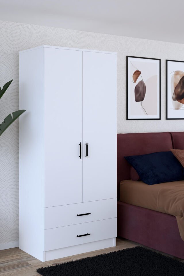 Gubimo80 – 2 Kapılı Gardırop 2 Çekmeceli Askılı Elbise Dolabı Beyaz