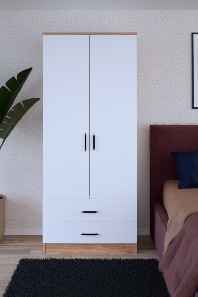 Gubimo81 – 2 Kapılı Gardırop 2 Çekmeceli Askılı Elbise Dolabı Atlantik Çam Beyaz