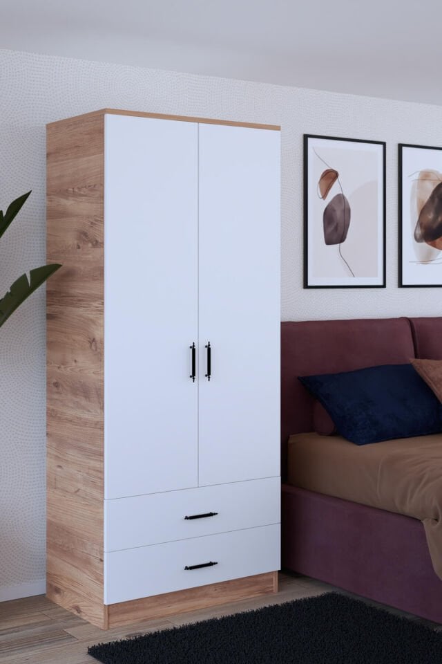 Gubimo81 – 2 Kapılı Gardırop 2 Çekmeceli Askılı Elbise Dolabı Atlantik Çam Beyaz