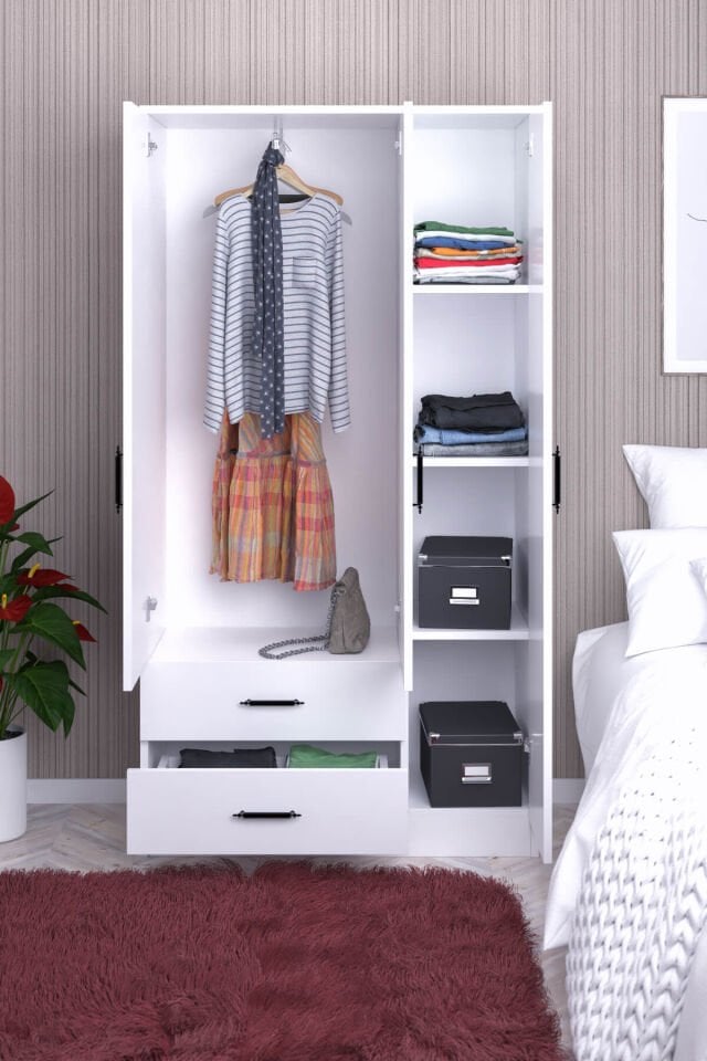 Gubimo Abete-3 Kapılı 2 Çekmeceli Gardırop/Beyaz