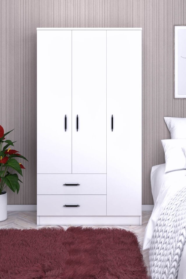 Gubimo Abete-3 Kapılı 2 Çekmeceli Gardırop/Beyaz