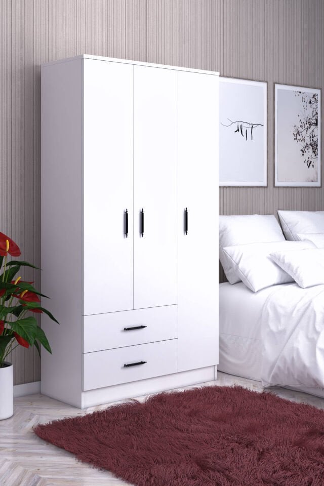 Gubimo86 – 3 Kapılı 2 Çekmeceli Gardırop Raflı Askılı Elbise Dolabı  Beyaz