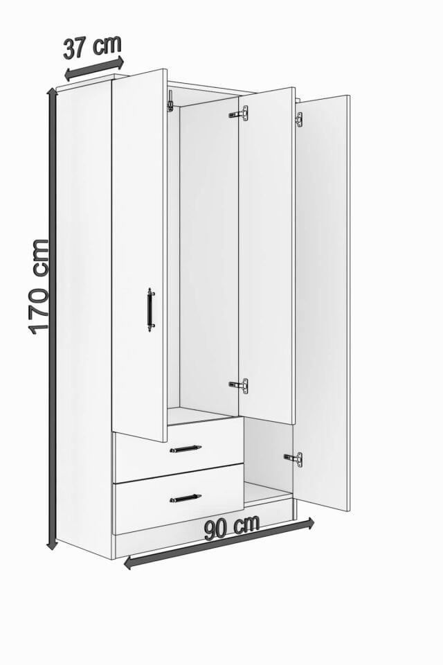 Gubimo Abete-3 Kapılı 2 Çekmeceli Gardırop/Beyaz