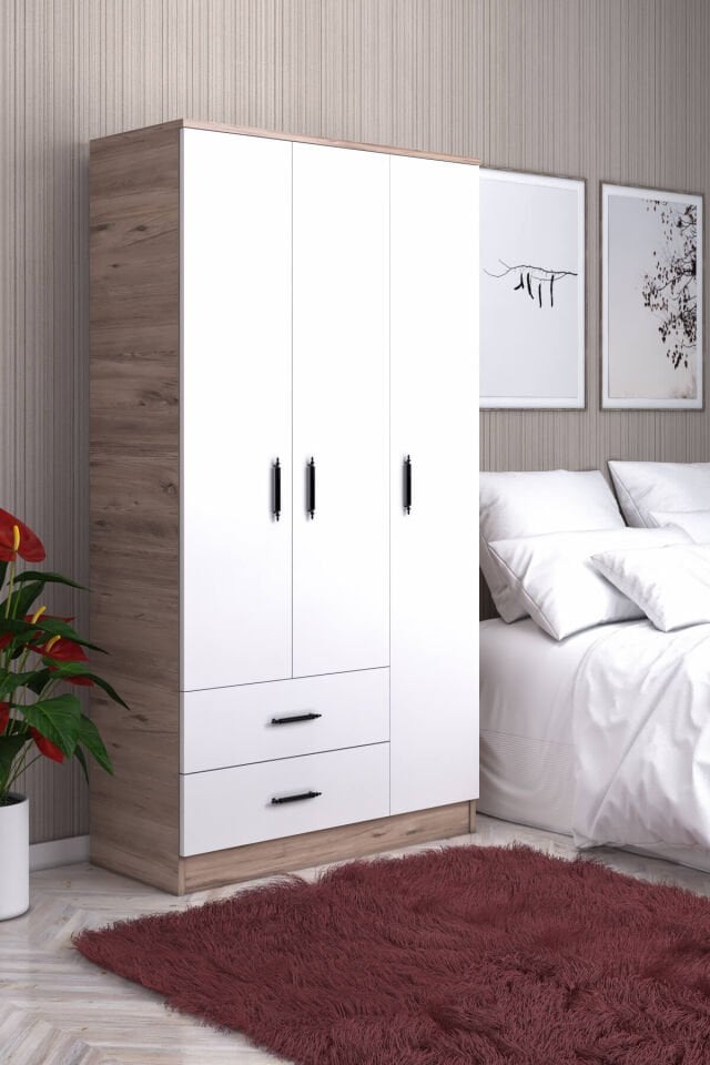 Gubimo87 – 3 Kapılı 2 Çekmeceli Gardırop Raflı Askılı Elbise Dolabı Atlantik Çam Beyaz