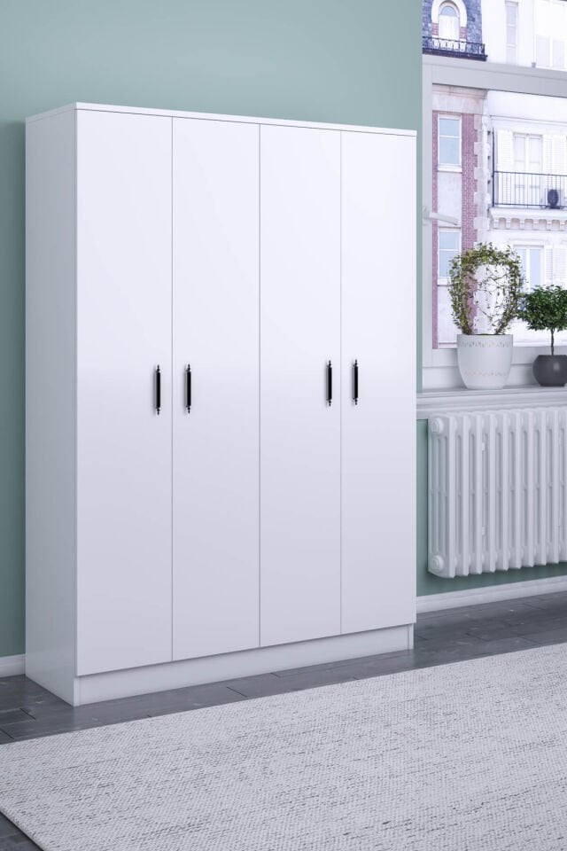 Gubimo89 – 4 Kapılı Gardırop Raflı Askılı Elbise Dolabı Beyaz