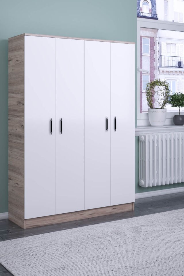 Gubimo90 – 4 Kapılı Gardırop Raflı Askılı Elbise Dolabı Atlantik Çam Beyaz