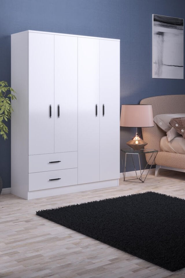 Gubimo95 – 4 Kapılı 2 Çekmeceli Gardırop Raflı Askılı Elbise Dolabı Beyaz