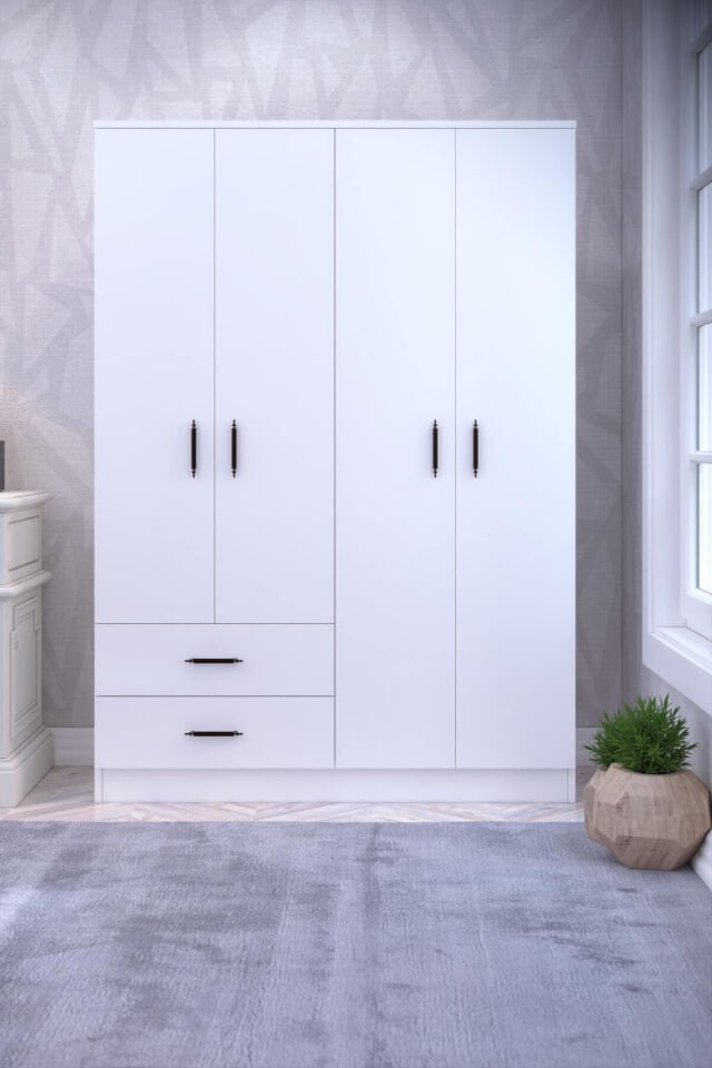 Gubimo92 – 4 Kapılı 2 Çekmeceli Gardırop 2 Askılıklı Raflı Elbise Dolabı Beyaz