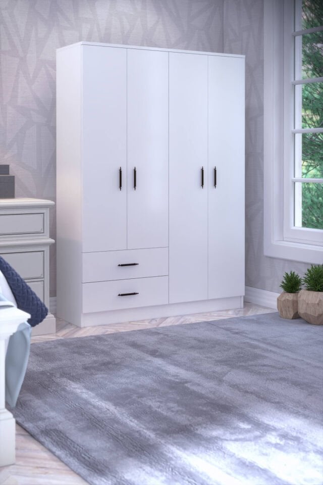 Gubimo92 – 4 Kapılı 2 Çekmeceli Gardırop 2 Askılıklı Raflı Elbise Dolabı Beyaz