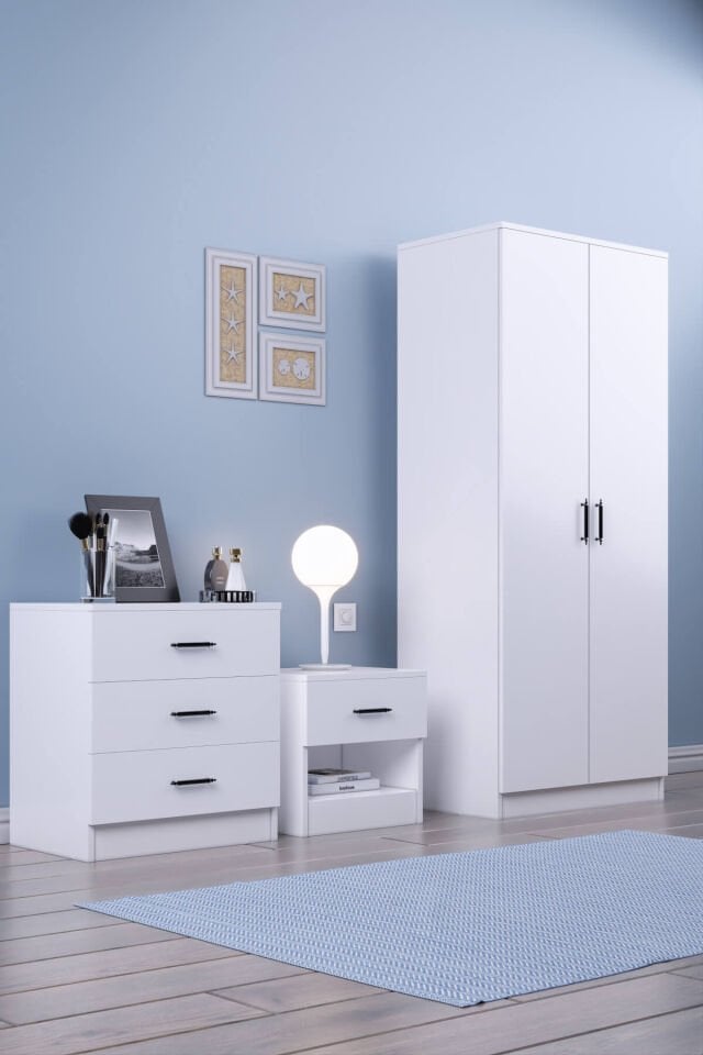 Gubimo98 – 2 Kapılı Gardırop Şifonyer Komodin Yatak Odası Takımı Beyaz
