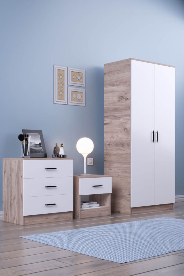 Gubimo99 – 2 Kapılı Gardırop Şifonyer Komodin Yatak Odası Takımı Atlantik Çam Beyaz