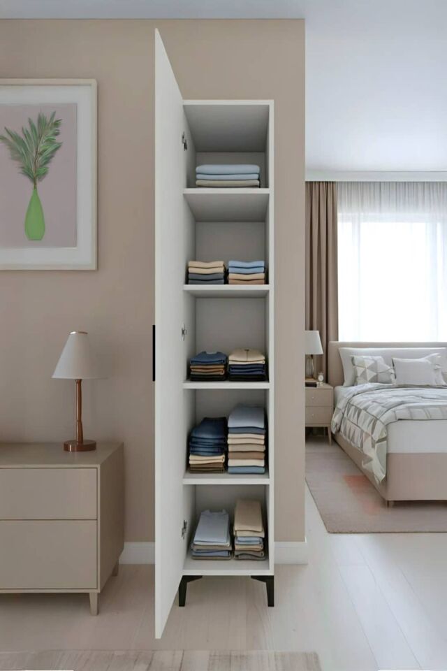 Gubimo101-Tek Kapaklı 4 Raflı Elbise Dolabı Beyaz