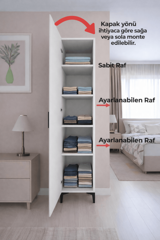 Gubimo101-Tek Kapaklı 4 Raflı Elbise Dolabı Beyaz