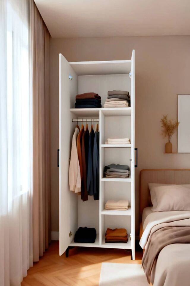 Gubimo105-Gardırop 2 Kapılı,Askılıklı ve 4 Raflı Elbise Dolabı /Beyaz