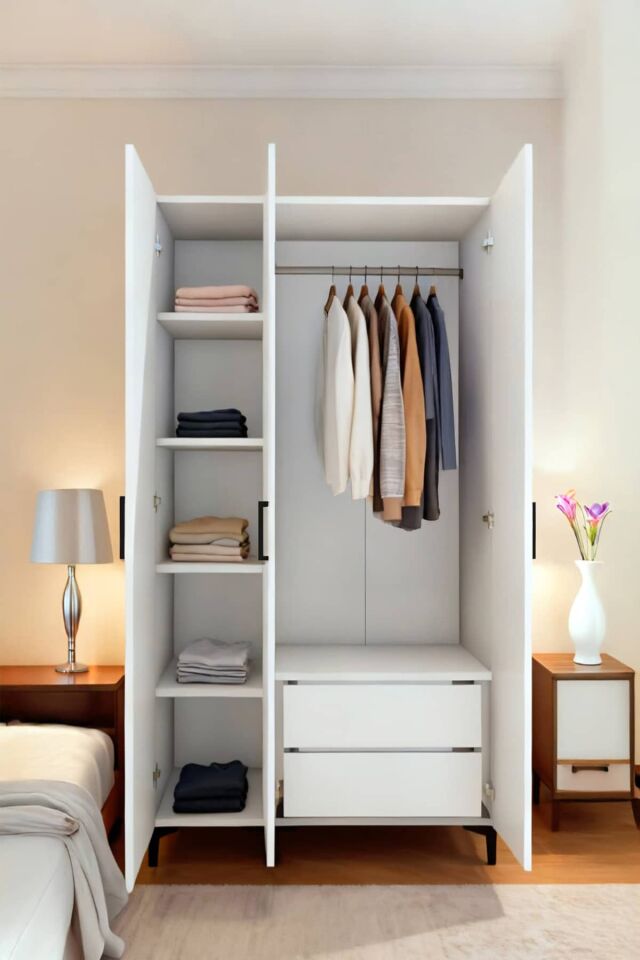 Gubimo106-Gardırop 3 Kapılı,4 Raflı ve Gizli 2 Çekmeceli Elbise Dolabı /Beyaz