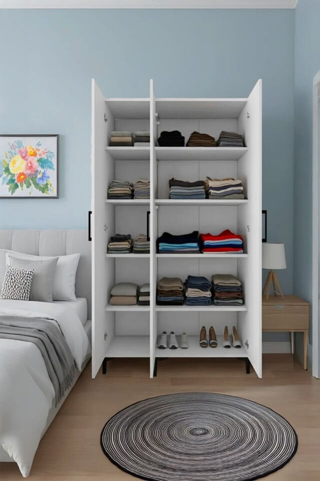 Gubimo107-Gardırop 3 Kapılı,8 Raflı ve Elbise Dolabı /Beyaz