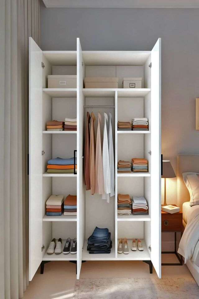 Gubimo109-Gardırop 3 Kapılı,8 Raflı,Askılıklı Elbise Dolabı /Beyaz