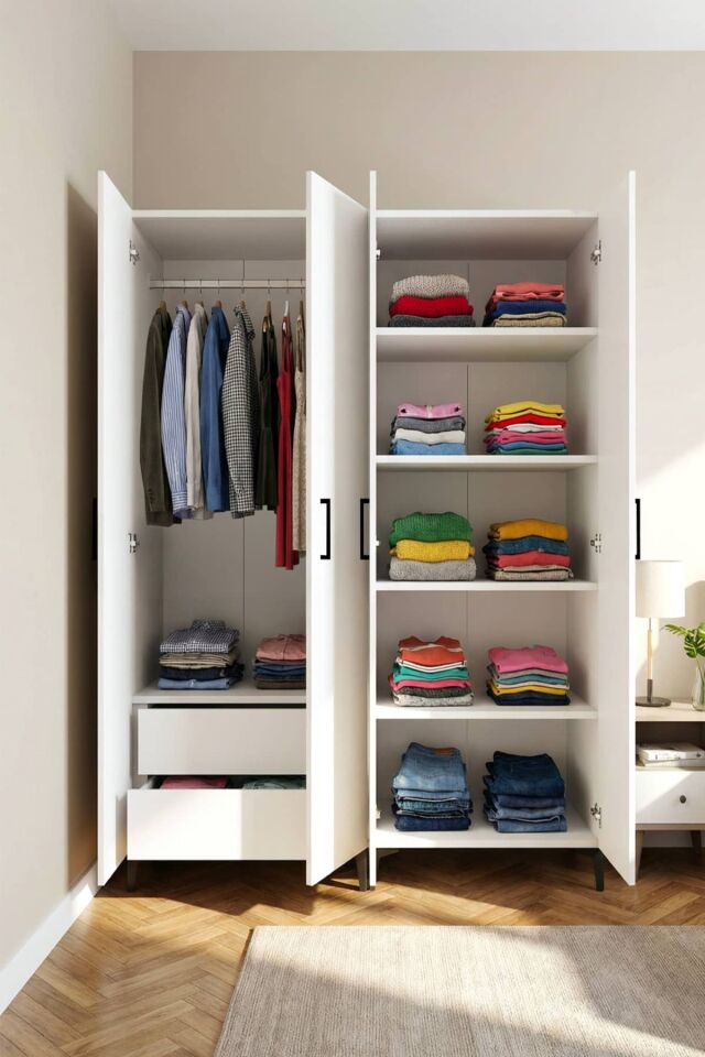 Gubimo110-Gardırop 4 Kapılı,4 Raflı,2 Çekmeceli Elbise Dolabı /Beyaz