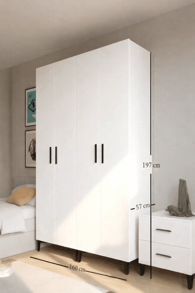Gubimo110 - 4 Kapılı Modüler Gardırop Beyaz – Çekmeceli Raflı ve Askılıklı Elbise Dolabı