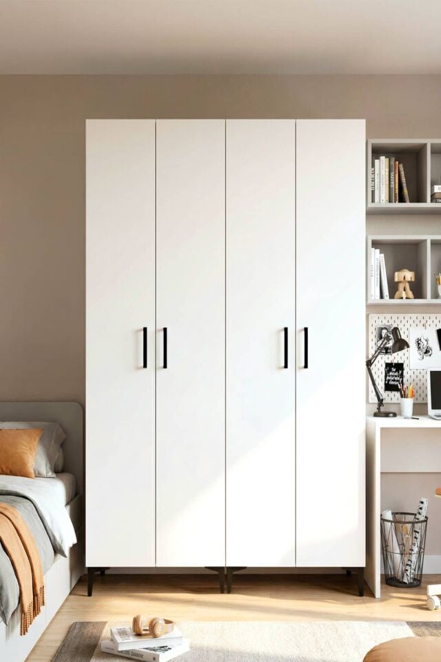 Gubimo110-Gardırop 4 Kapılı,4 Raflı,2 Çekmeceli Elbise Dolabı /Beyaz