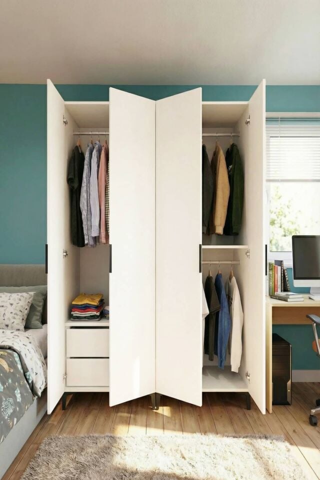 Gubimo111-Gardırop 4 Kapılı,2 Askılıklı,2 Çekmeceli Elbise Dolabı /Beyaz