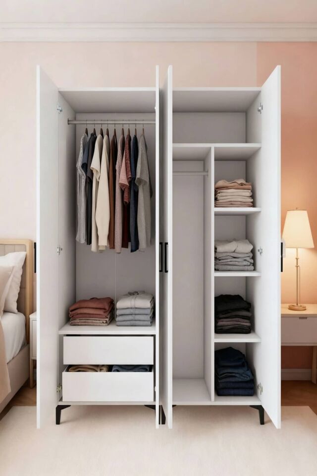 Gubimo112-Gardırop 4 Kapılı,4 Raflı ,Askılıklı Bölmeli,2 Çekmeceli Elbise Dolabı /Beyaz