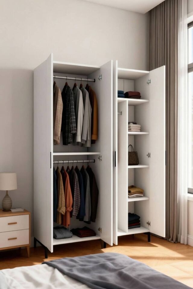 Gubimo115-Gardırop 4 Kapılı 2 Askılıklı,4 Raflı Bölmeli Elbise Dolabı /Beyaz