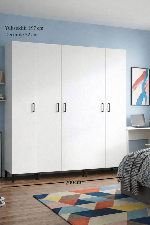 Gubimo116-Gardırop 5 Kapılı,,4 Raflı,2 Çekmeceli ,2 Askılıklı Elbise Dolabı /Beyaz