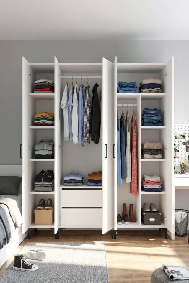 Gubimo117-Gardırop 5 Kapılı,4 Raflı,2 Çekmeceli ,Askı ve Raf Bölmeli Elbise Dolabı /Beyaz