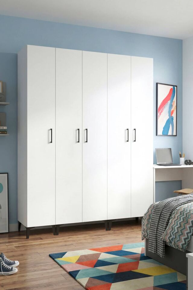 Gubimo118-Gardırop 5 Kapılı,8 Raflı,2 Askılıklı Elbise Dolabı /Beyaz