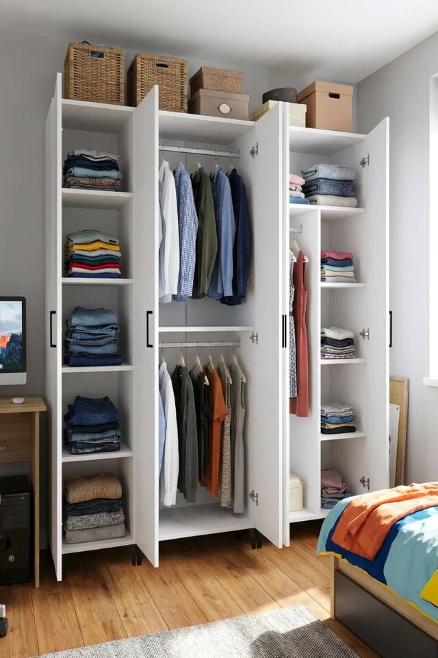 Gubimo119-Gardırop 5 Kapılı,4 Raflı,2 Askılıklı ,Askı ve Raf Bölmeli Elbise Dolabı /Beyaz