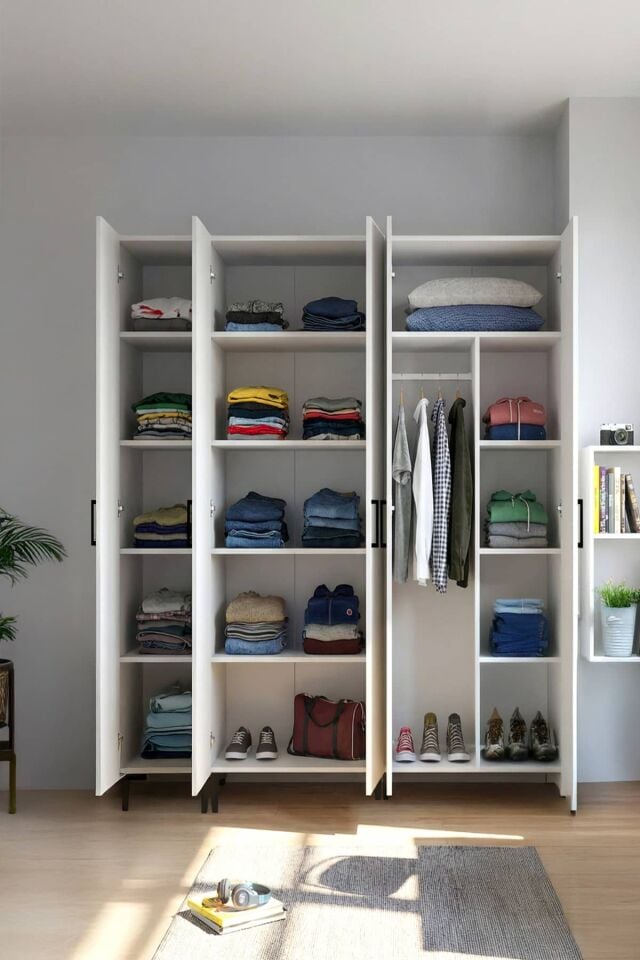 Gubimo120-Gardırop 5 Kapılı,8 Raflı,Askı ve Raf Bölmeli Elbise Dolabı /Beyaz