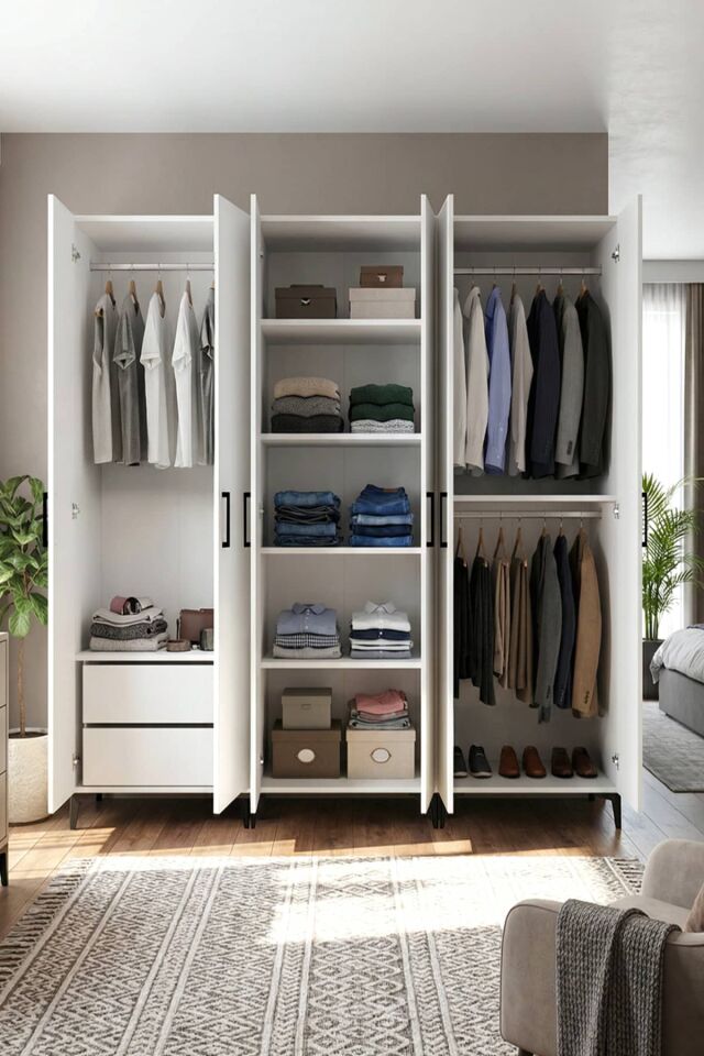 Gubimo122-Gardırop 6 Kapılı,2 Çekmeceli,4 Raflı,2 Askılıklı Elbise Dolabı /Beyaz