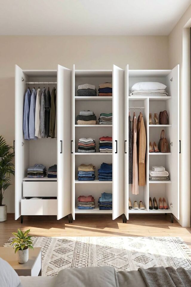 Gubimo123-Gardırop 6 Kapılı,2 Çekmeceli,4 Raflı,Askılık ve Raf Bölmeli Elbise Dolabı /Beyaz