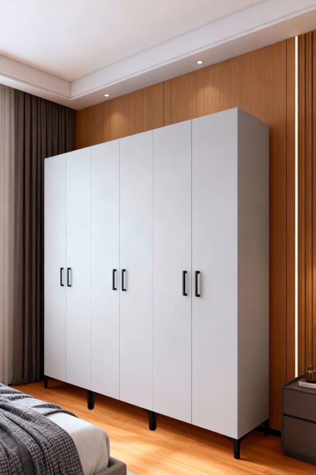 Gubimo123-Gardırop 6 Kapılı,2 Çekmeceli,4 Raflı,Askılık ve Raf Bölmeli Elbise Dolabı /Beyaz