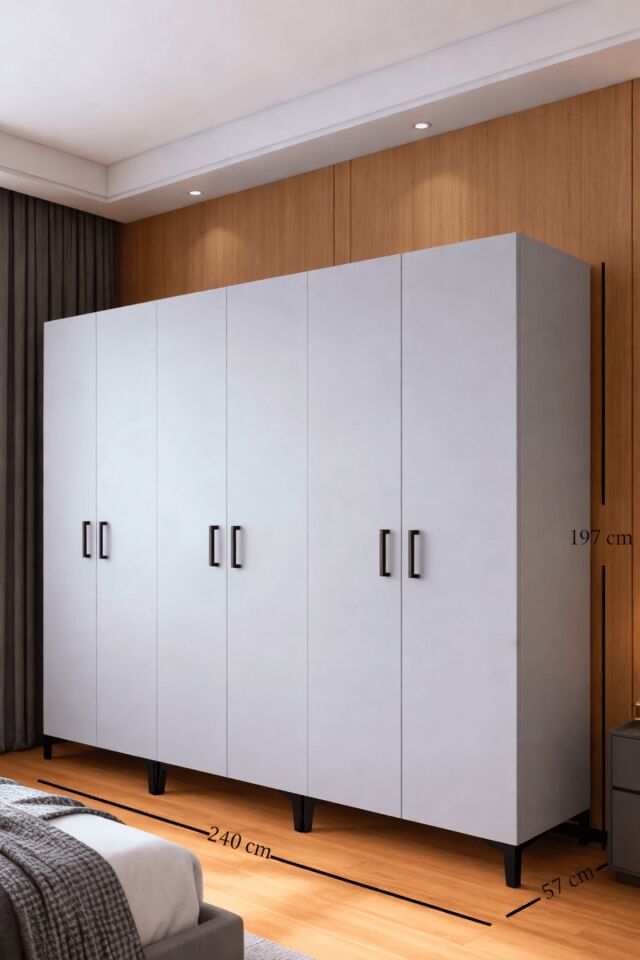 Gubimo124-Gardırop 6 Kapılı,4 Raflı,2 Askılıklı,Askı ve Raf Bölmeli Elbise Dolabı /Beyaz