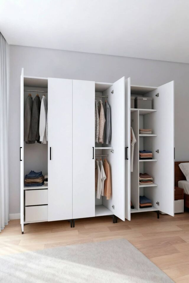 Gubimo125-Gardırop 6 Kapılı,2 Çekmeceli,2 Askılıklı,Askı ve Raf Bölmeli Elbise Dolabı /Beyaz